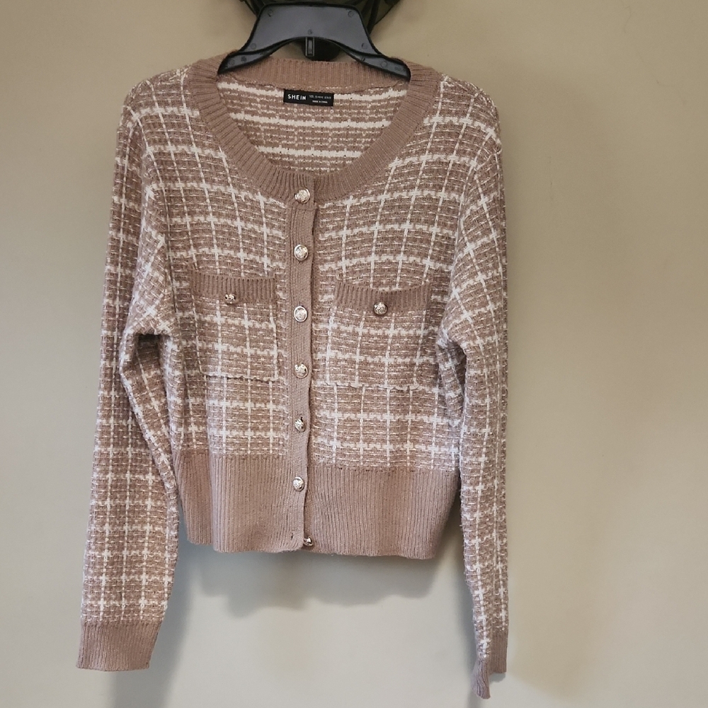 Love Tree Taupe and White Checkered Cardigan